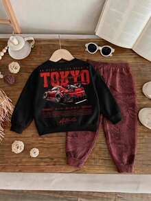Young Boys Loose Fit Sports Casual Comfortable Long Sleeve Sweatshirt And Pants 2 Pieces Set, Suitable For Autumn/Winter, Classic Handsome Street Style Retro Racing Car Print, Suitable For Sports, Y2K - Multicolor - View 5