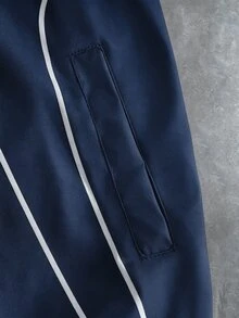 PAVTROS Men's Letter Print Long Sleeve Zip-Up Hooded Jacket - Navy Blue - View 5