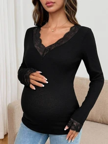 DAZY Contrast Lace Trim Fitted Elastic Long Sleeve V-Neck Casual Daily Vacation Korean Style Spring Autumn Top Maternity T-Shirt - Black - View 6