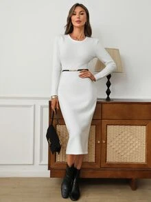 EMERY ROSE White Round Neck Long Sleeve Ribbed Knit Bodycon Midi Dress - White - View 7