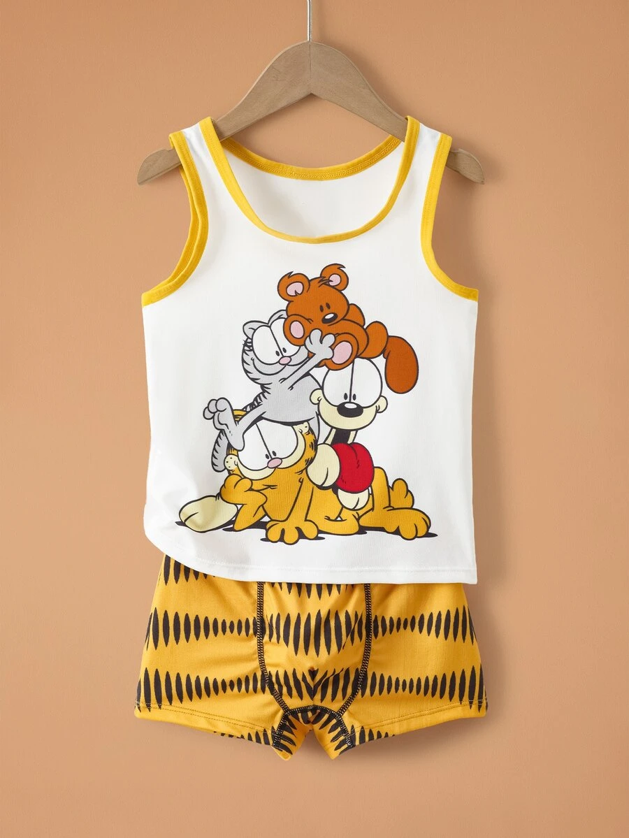 GARFIELD | SHEIN Young Boy Cartoon Print Tank Top And Contrast Color Shorts Underwear Set - White - View 1
