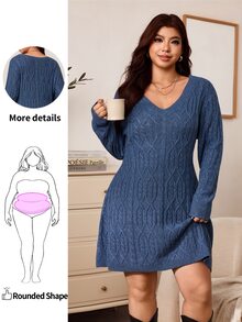 Enliva Plus Size Women Long Sleeve Sweater Dress, A-Line Hem Cable Knit Dress, Winter, Compatible With Apple Rounded Body Shape - Dusty Blue - View 4
