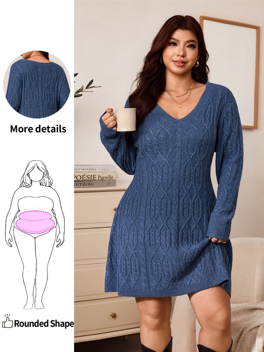 Enliva Gaun Sweater Lengan Panjang Wanita Ukuran Besar, Gaun Rajut Kabel dengan Potongan A-Line, Musim Dingin, Cocok untuk Bentuk Tubuh Bulat Apel - Dusty Blue - View 1