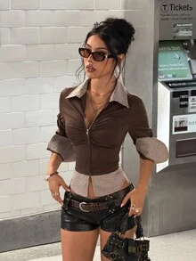 StreetHx 2000s Style Y2K Women's Black Casual Streetwear Plaid Patchwork Fitted Shirt, Autumn/Winter - Khaki - View 6