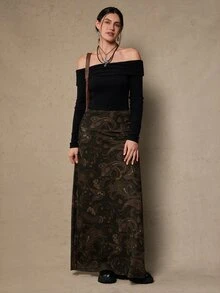 Freevana Plus Size Bohemian 90s Vintage Western Style Paisley Flower Print Versatile Black Knit Skirt For Women, Autumn/Winter Fall Brunch Date Night - Multicolor - View 5