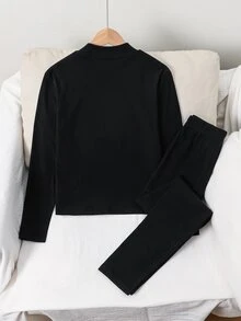 SHEIN 兒童青少年男孩休閒純色加厚保暖內裡中領長袖底層T恤與長褲內著套裝，適合居家穿著，適合疊穿，適合秋冬季節 - 黑色 - 查看 6