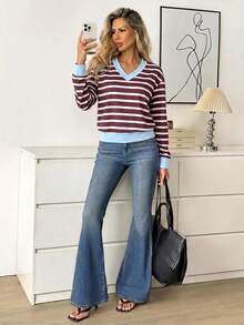 Easowa Women's Street Casual Striped Colorblock Long Sleeve T-Shirt - Brown - View 6
