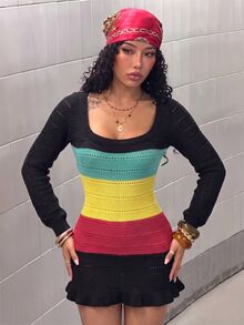 Jeanoix Colorblock Black And Yellow Knit Bodycon Mini Dress, Long Sleeve Low Round Neck Hollow Out Ruffle Hem Nightclub Going Out Night Out Dress Fall Sexy - Black - View 1