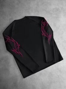 Manfinity Roghcode 男士街頭哥德風落肩袖T恤，中性款，街頭休閒風，對比色刺繡運動風長袖T恤 - 黑色 - 查看 3