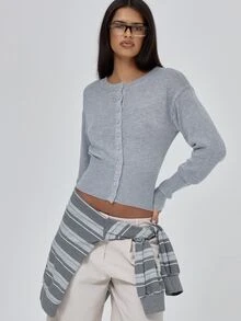 MUSERA Grey Knit Button Down Long Sleeve Cardigan Top Fall Autumn Winter Coolgirl Back To School Blancs - Grey - View 2