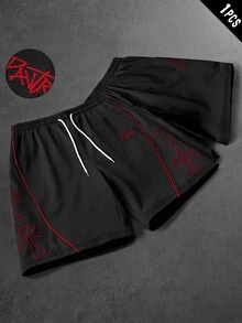 PAVTROS 男士十字刺繡抽繩腰口袋休閒短褲 - 黑色 - 查看 6