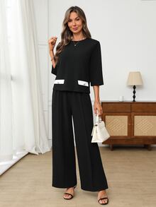 EMERY ROSE Women's Colorblock Round Neck 3/4 Sleeve Top And Long Pants Casual Everyday Set Autumn Clothes For Women Winter Set Elegant Women's Set - Black - View 7