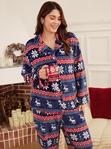 Doze Lane European & American Style Thick Plush Christmas Reindeer Print Plus Size Pajama Set For Women - Blue - View 6
