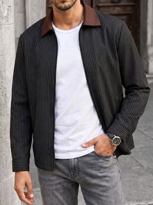 Manfinity CasualCool Men's Striped Zipper Placket Casual Shacket - Black - View 5