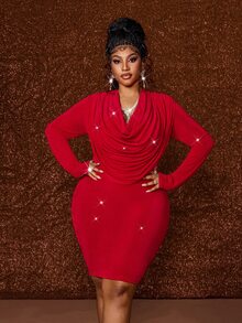 Maweii Plus Size Fitted Ruched Long Sleeve Bodycon Dress For Evening Party Cocktail Fall Red Elegant Sexy - Red - View 1