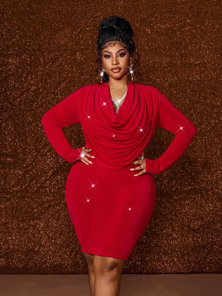 Maweii Plus Size Fitted Ruched Long Sleeve Bodycon Dress For Evening Party Cocktail Fall Red Elegant Sexy - Red - View 1