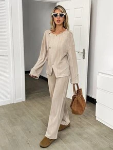 Elyressa Women's 2 Pieces Set, Comfortable Home Casual Textured Fabric Asymmetrical Button Decor Fold-Over Long Sleeve Top And Wide Leg Long Pants, Autumn/Winter - Multicolor - View 6
