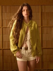 MOTF STUDIO Cardigan Rajut Pendek Hangat Berbahan Bulu Halus untuk Wanita, Musim Gugur/Musim Dingin - Mustard Yellow - View 5