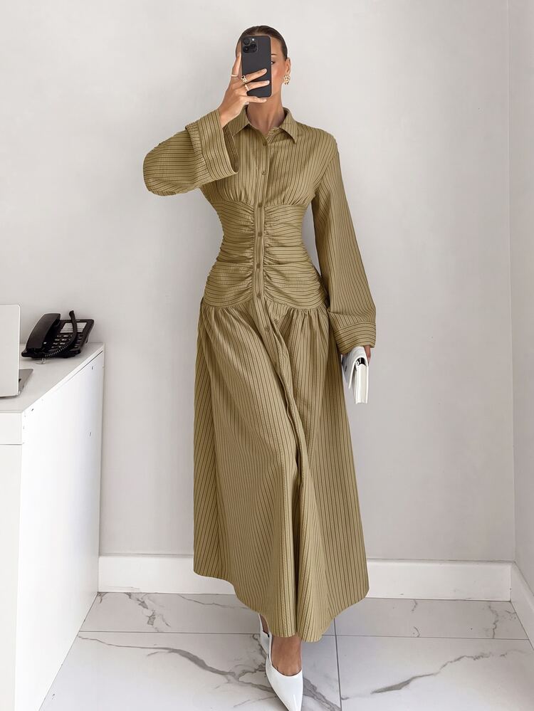 Siren Gaze Women's Striped Drop Shoulder Long Sleeve Single-Breasted Pleated Shirt Long Dress - Army Green - View 5