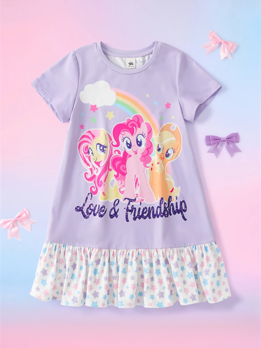 My Little Pony X SHEIN Đầm mặc nhà bé gái cổ tròn tay ngắn gấu bèo nhún G4 - Nhiều màu - Xem 1