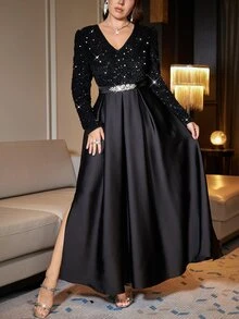 Reflora Plus Size Women Solid Color Sequin Waist Rhinestone Decor Elegant Dress - Black - View 7