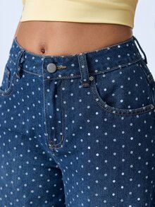 Y2Kool Women's Polka Dot Pattern Pocket Wide Leg Loose Fit Jeans - Dark Wash - View 8