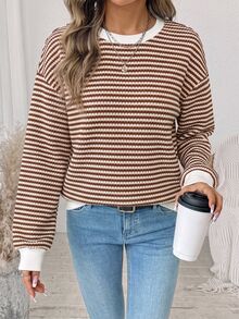 SHEIN LUNE 女款條紋紋理布料圓領落肩長袖運動衫 - 彩色 - 查看 2