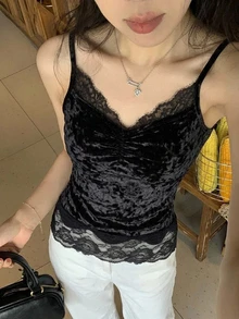 DAZY 女款素色對比蕾絲時尚優雅背心上衣 秋季 - 黑色 - 查看 1