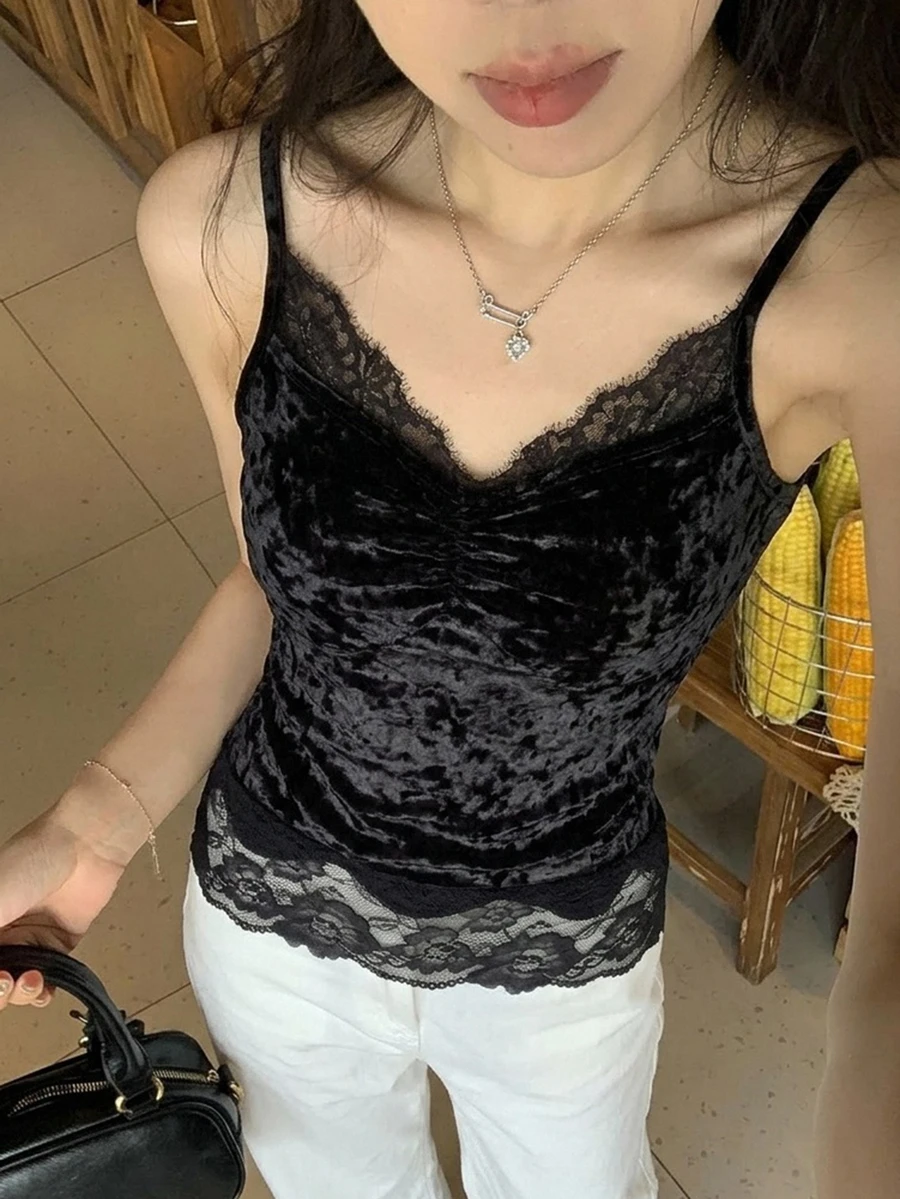 DAZY 女款素色對比蕾絲時尚優雅背心上衣 秋季 - 黑色 - 查看 1