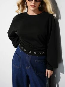 Maija Plus Size Women Solid Color Round Neck Drop Shoulder Long Sleeve Eyelet Design Casual Sweatshirt - Khaki - View 5