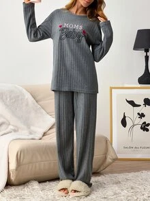 SHEIN 2pcs MOM'S Baby Slogan Embroidered Long Sleeve Pajama Set Soft Rib Knit Round Neck Top & Full Length Lounge Pants Pajama Set For Women Comfort - Grey - View 3