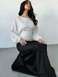 Firerie 女款新款極簡優雅浪漫休閒都市通勤時尚百搭咖啡棕圓領蝙蝠袖長袖收腰X型修身襯衫，教師穿搭，秋季穿著 - 白色 - 查看 6