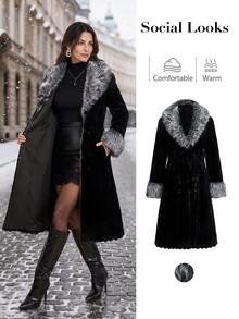 SHEIN Clasi Women's Elegant Faux Fur Coat With Lapel, Long Sleeve And Zipper Closure - Black - View 6