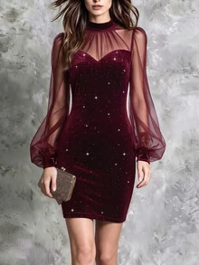 LUMIGAL Women's Mesh Patchwork Glitter Fashion Date Party Dress - Burgundy - View 3