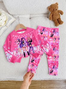 女團卡通女孩多巴胺彩色漸層、星空漸層、K-Pop 超級巨星、Chill Chill，少女休閒圓領長袖衛衣與內搭褲 2 件套，適合秋冬街頭復古風，舒適自在，兒童秋冬疊穿，Y2K - 彩色 - 查看 5