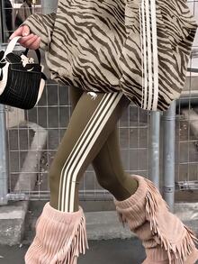 Teen Girl Round Neck Zebra Print Long Sleeve Sweatshirt & Leggings 2pcs Set, Suitable For Autumn/Winter - Multicolor - View 5