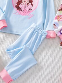 SHEIN 【隨機6款，1套發貨】女童幼兒居家睡衣套裝，長袖長褲，兔子愛心蝴蝶結波點花朵卡通印花，四季適用，居家或戶外玩耍，柔軟親膚貼身 - 彩色 - 查看 4