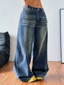 SHEIN PETITE CURVE 大尺碼女款口袋寬腿鬆垮休閒百搭牛仔褲 - 深色水洗藍 - 查看 4