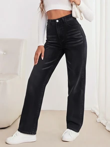 SHEIN Tall 女款休閒日常牛仔褲，附口袋與鈕扣 - 深灰色 - 查看 4