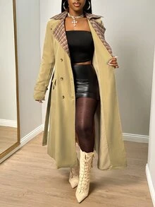 SHEIN BamGlam Mantel Panjang Wanita Model Terbaru Musim Gugur-Dingin 2026, Berlengan Panjang, Berkerah Kancing Depan, Kain Bermotif Kontras, Dilengkapi Sabuk, Cocok untuk Pakaian Luar di Musim Gugur dan Musim Dingin - Khaki - View 8