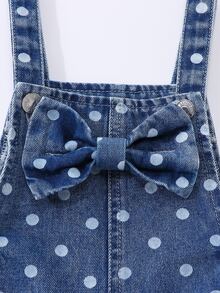 SHEIN Genkimix Kids 女嬰秋季波點牛仔吊帶褲，復古波點印花配大蝴蝶結前襟，寬鬆大腿褲管，休閒長褲，適合上學與外出 - 中等水洗藍 - 查看 6