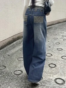FRIFUL 女款寬腿鬆垮休閒百搭牛仔褲，附口袋 - 藍色 - 查看 9