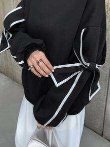 FRIFUL 女款拼色休閒可愛優雅百搭日常長袖運動衫，黑白配色，適合秋季日常約會 - 黑色 - 查看 2