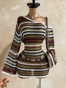 Soleia Women's Plus Size Autumn/Winter Knit Striped Flared Long Sleeve Asymmetric Shoulder Sweater Dress - Multicolor - View 5