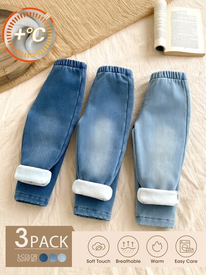 Vintaside Kids Set 3 quần jeans bé gái chập chững lót lông cừu Sherpa, màu xanh navy sky, cạp chun, trơn, dày dặn, gấu bo, phong cách dễ thương ngọt ngào, mặc ngoài trời mùa thu đông dịp lễ