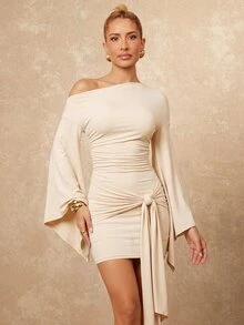 Lumalex Off-White Elegant Corset-Style Asymmetrical Shoulder Mini Dress,Body-Contouring Draped Bodice For Summer Date,Vacation,Party & Weddings - Apricot - View 2