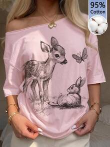 Tseoso Casual Minimalist Full Print Pattern One Shoulder Dropped Shoulder Short Sleeve Loose Fit Women's T-Shirt - Pink - View 4