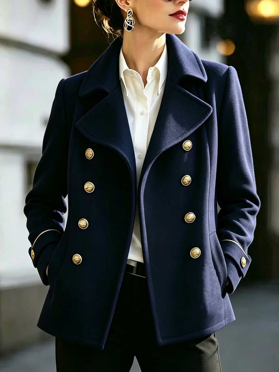 RosyDaze Women's Elegant Double-Breasted Pocket Long Sleeve Overcoat - Navy Blue - View 1