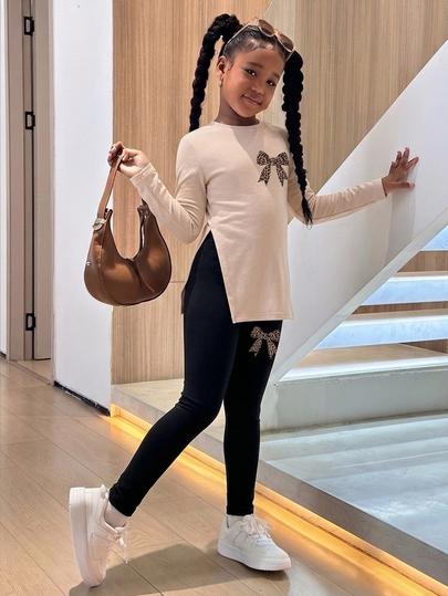 Ensemble 2 pièces pour filles préadolescentes avec top ample à manches longues et leggings skinny fendus sur les côtés, motif dessin animé