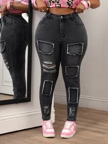 Slaydiva Celana Jeans Denim Kasual Serbaguna Model Skinny Berbahan Denim Sobek untuk Wanita Ukuran Plus dengan Kantong - Hitam - View 4